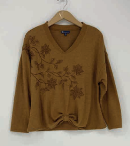 Democracy Heather Caramel Brown LS V Neck Embroidery Knit Top