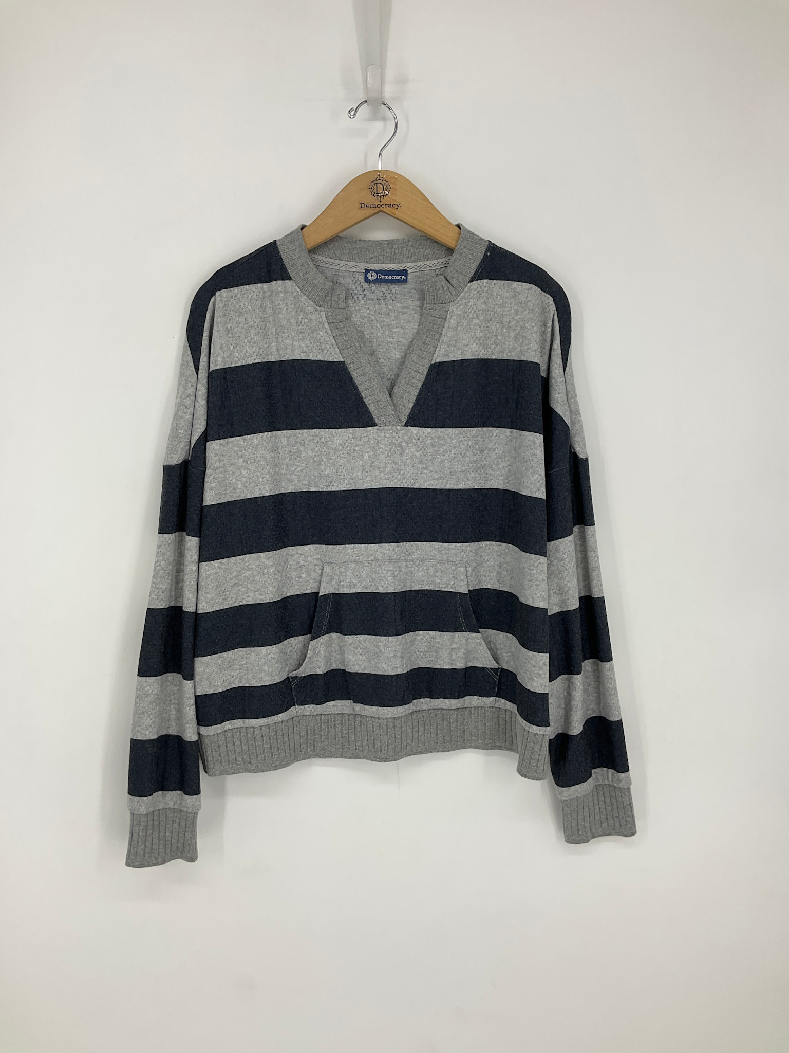 Democracy Heather Grey/Heather Navy Long Sleeve Notched Neck Knit Top