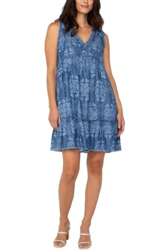 Liverpool Los Angeles easy v neck ruffle fray dress w pockets