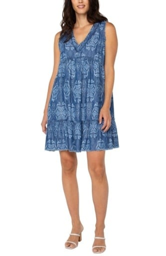 Liverpool Los Angeles easy v neck ruffle fray dress w pockets