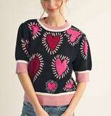 Jodifl Black Short Puff Sleeves Lovely Heart Sweater Top