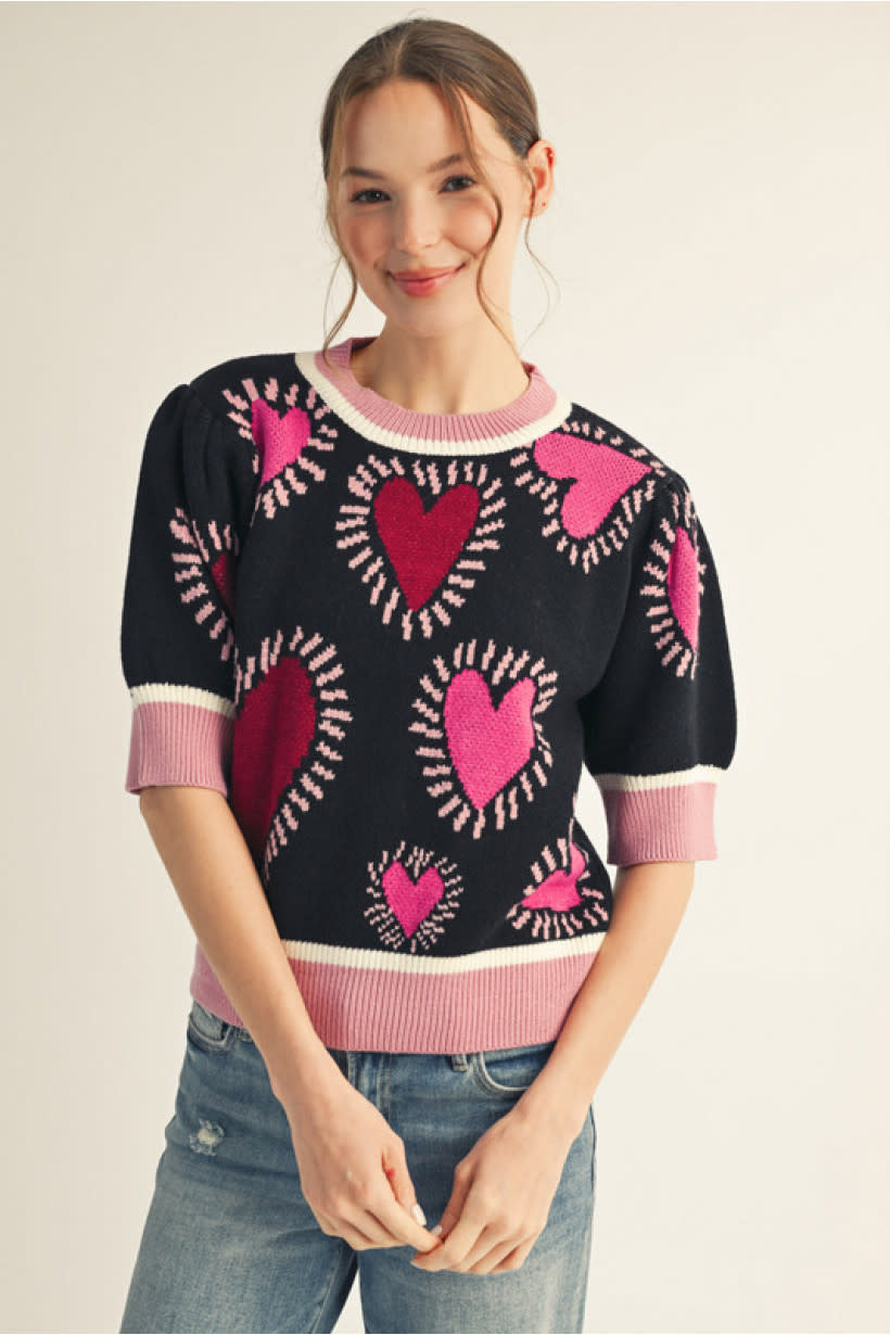 Jodifl Black Short Puff Sleeves Lovely Heart Sweater Top