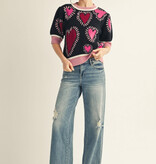 Jodifl Black Short Puff Sleeves Lovely Heart Sweater Top