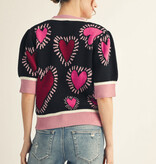 Jodifl Black Short Puff Sleeves Lovely Heart Sweater Top