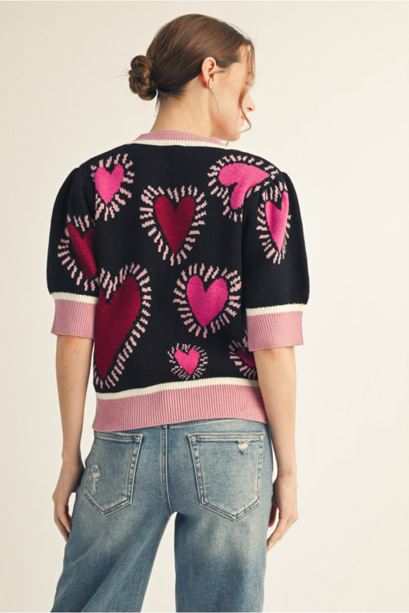 Jodifl Black Short Puff Sleeves Lovely Heart Sweater Top
