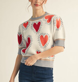 Jodifl Cream Short Puff Sleeves Lovely Heart Sweater Top