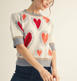 Jodifl Cream Short Puff Sleeves Lovely Heart Sweater Top