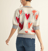 Jodifl Cream Short Puff Sleeves Lovely Heart Sweater Top