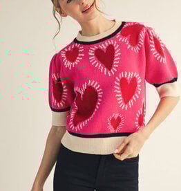 Jodifl Hot Pink Short Puff Sleeves Lovely Heart Sweater Top