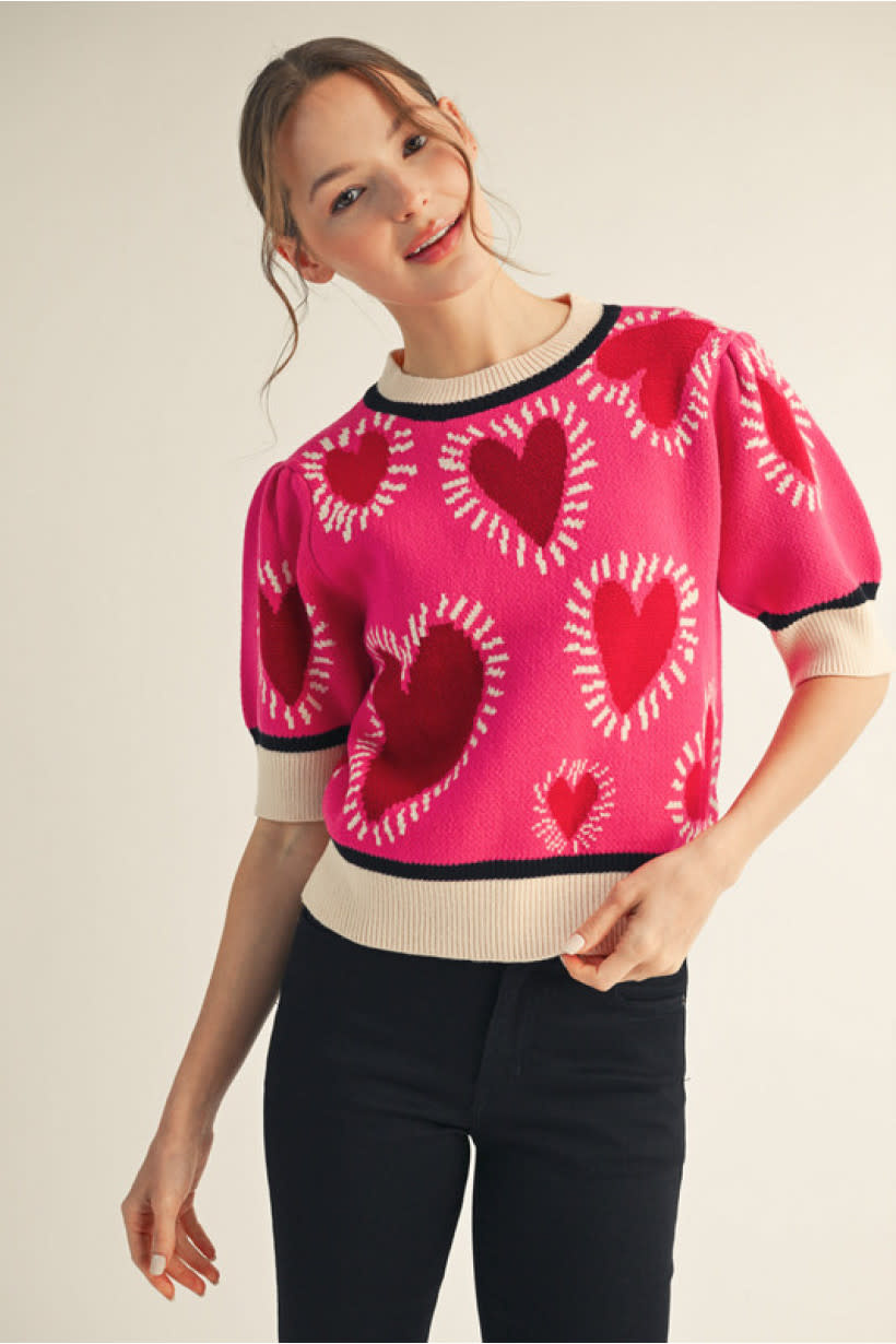 Jodifl Hot Pink Short Puff Sleeves Lovely Heart Sweater Top