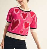 Jodifl Hot Pink Short Puff Sleeves Lovely Heart Sweater Top