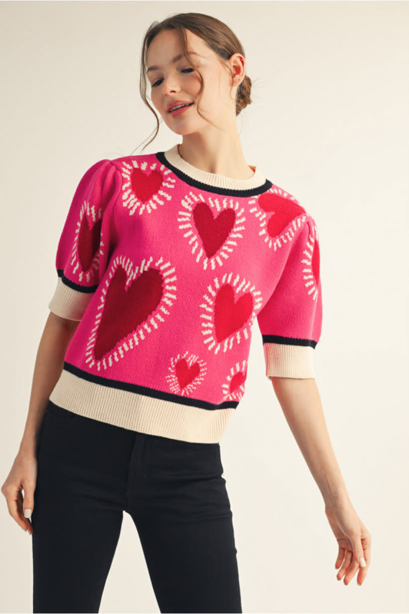 Jodifl Hot Pink Short Puff Sleeves Lovely Heart Sweater Top