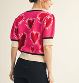 Jodifl Hot Pink Short Puff Sleeves Lovely Heart Sweater Top