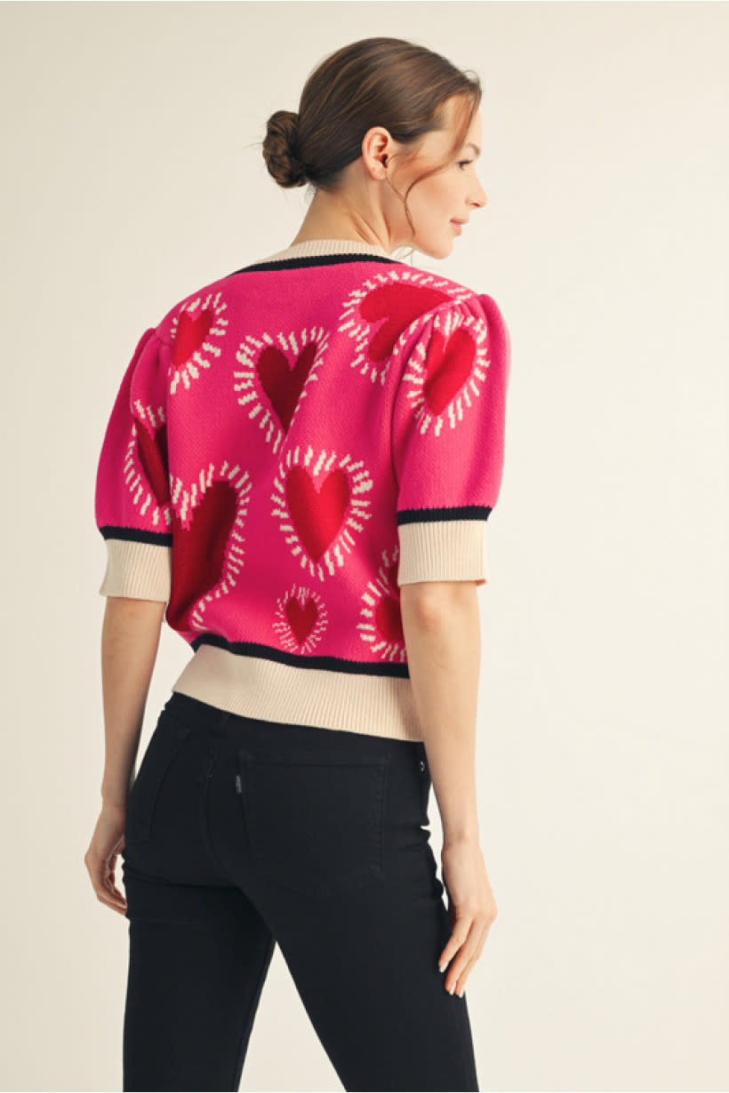 Jodifl Hot Pink Short Puff Sleeves Lovely Heart Sweater Top