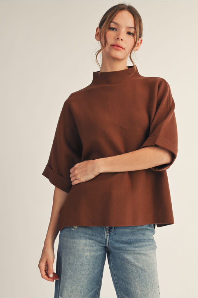 Jodifl Brown Mock Neck Soft Sweater Top