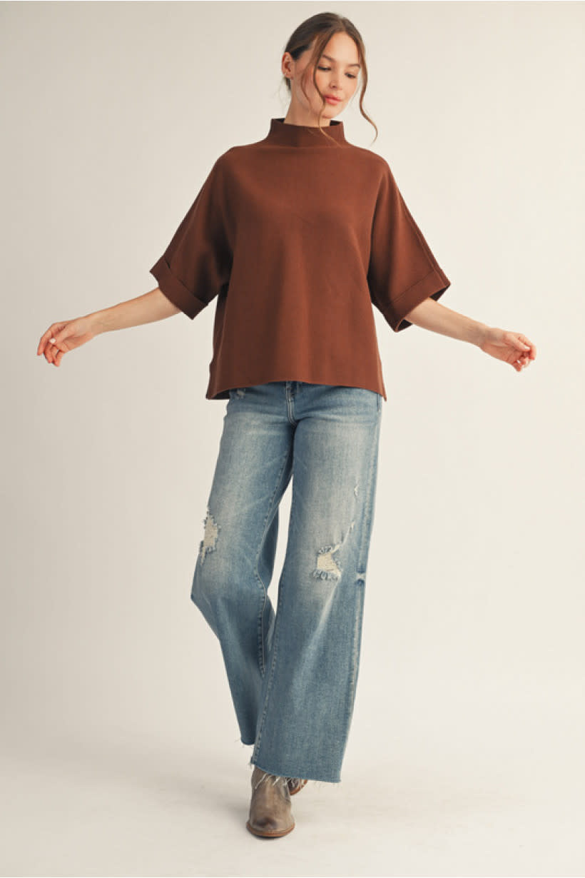Jodifl Brown Mock Neck Soft Sweater Top