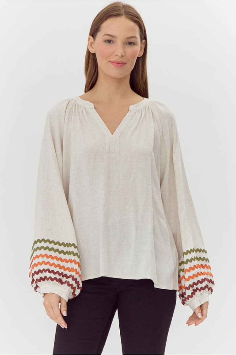 Jodifl Oatmeal Split Neck Linen Top