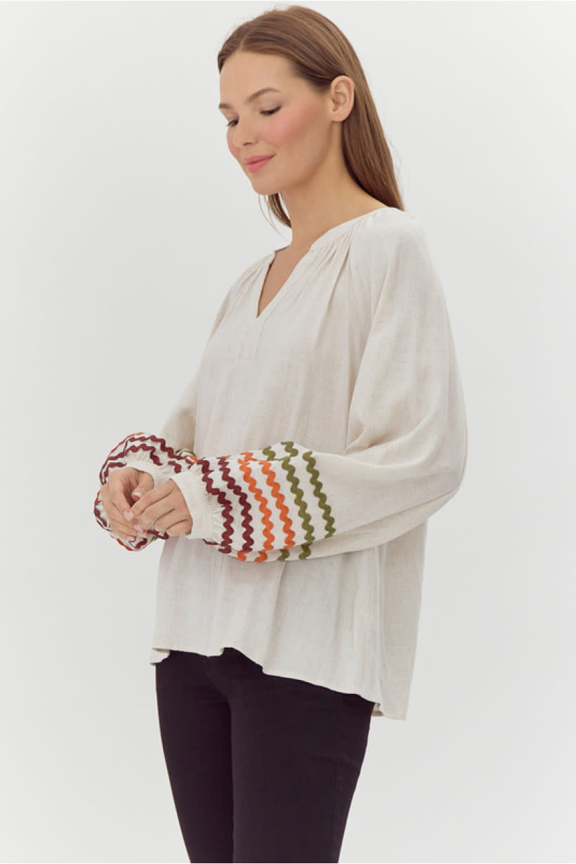 Jodifl Oatmeal Split Neck Linen Top