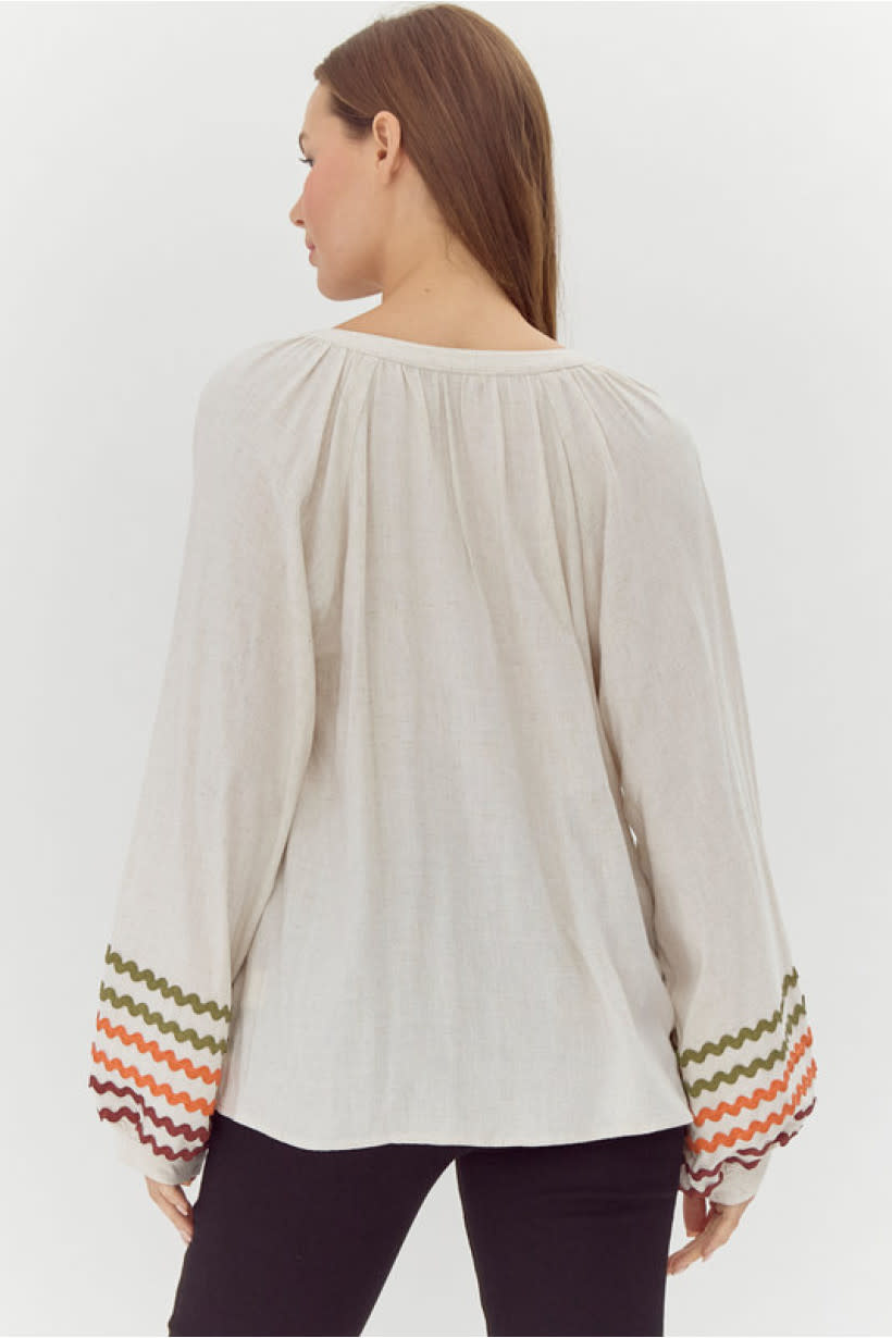 Jodifl Oatmeal Split Neck Linen Top