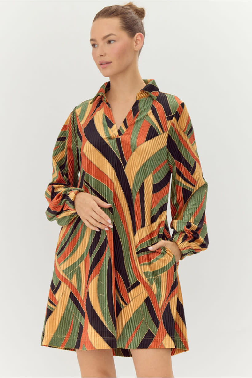 Jodifl Olive Multicolor Print Pleated Dress