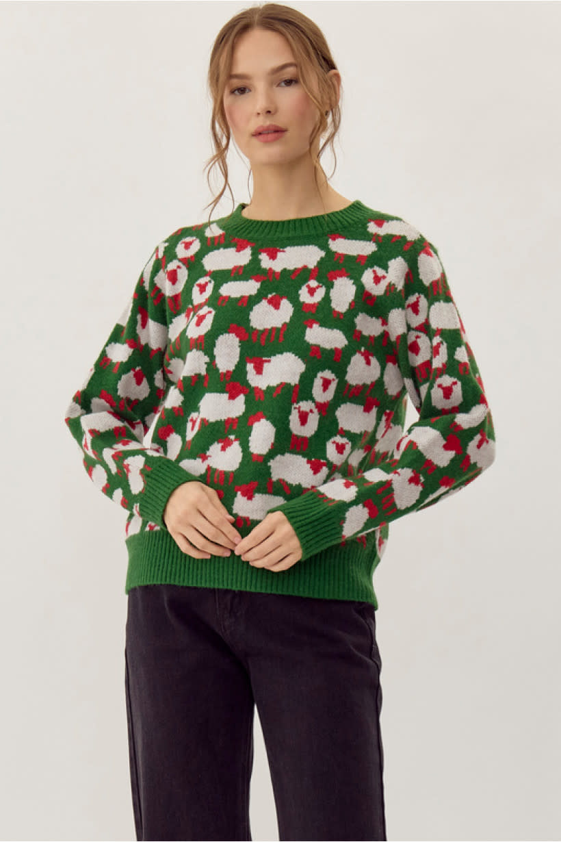 Jodifl Hunter Green Sheep Pattern Print Knit Sweater Top