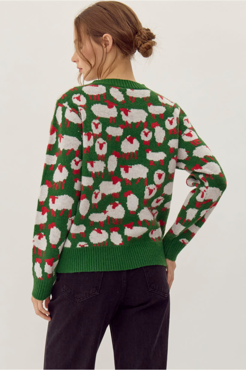 Jodifl Hunter Green Sheep Pattern Print Knit Sweater Top
