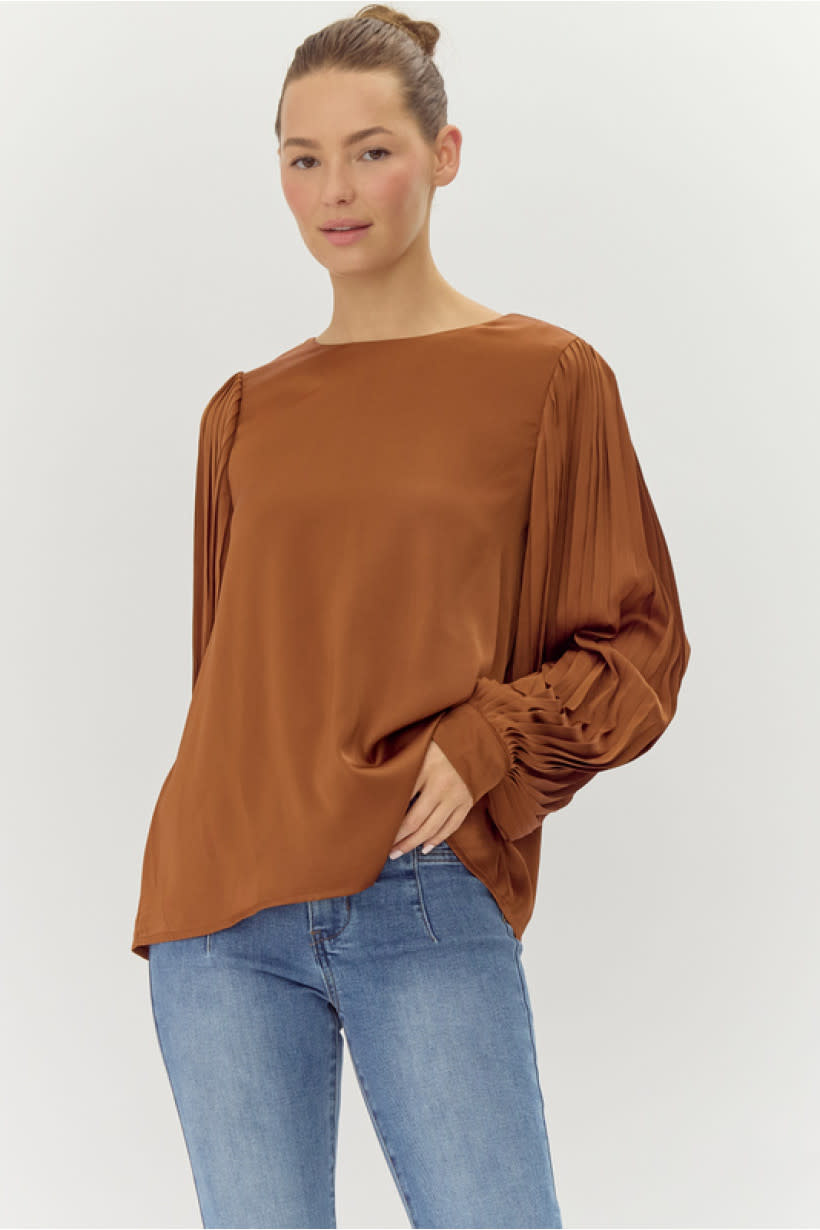 Jodifl Mocha U-neck Satin Top w Pleated Sleeves