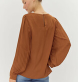 Jodifl Mocha U-neck Satin Top w Pleated Sleeves