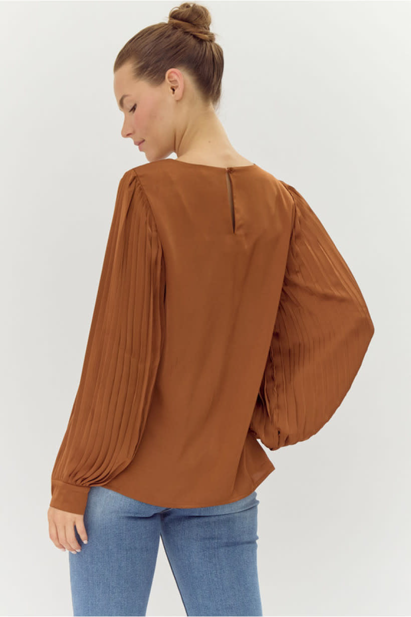 Jodifl Mocha U-neck Satin Top w Pleated Sleeves