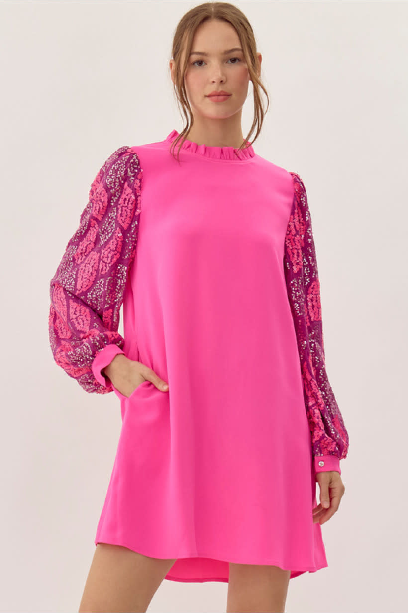 Jodifl Hot Pink Frilled Neck Mix-Fabric Dress