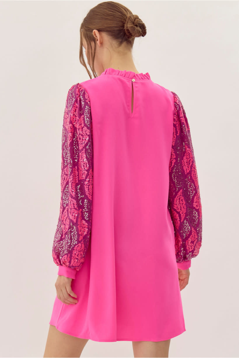 Jodifl Hot Pink Frilled Neck Mix-Fabric Dress