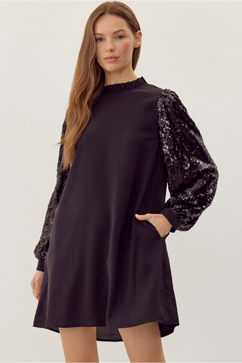 Jodifl Black Frilled Neck Mix-Fabric Dress