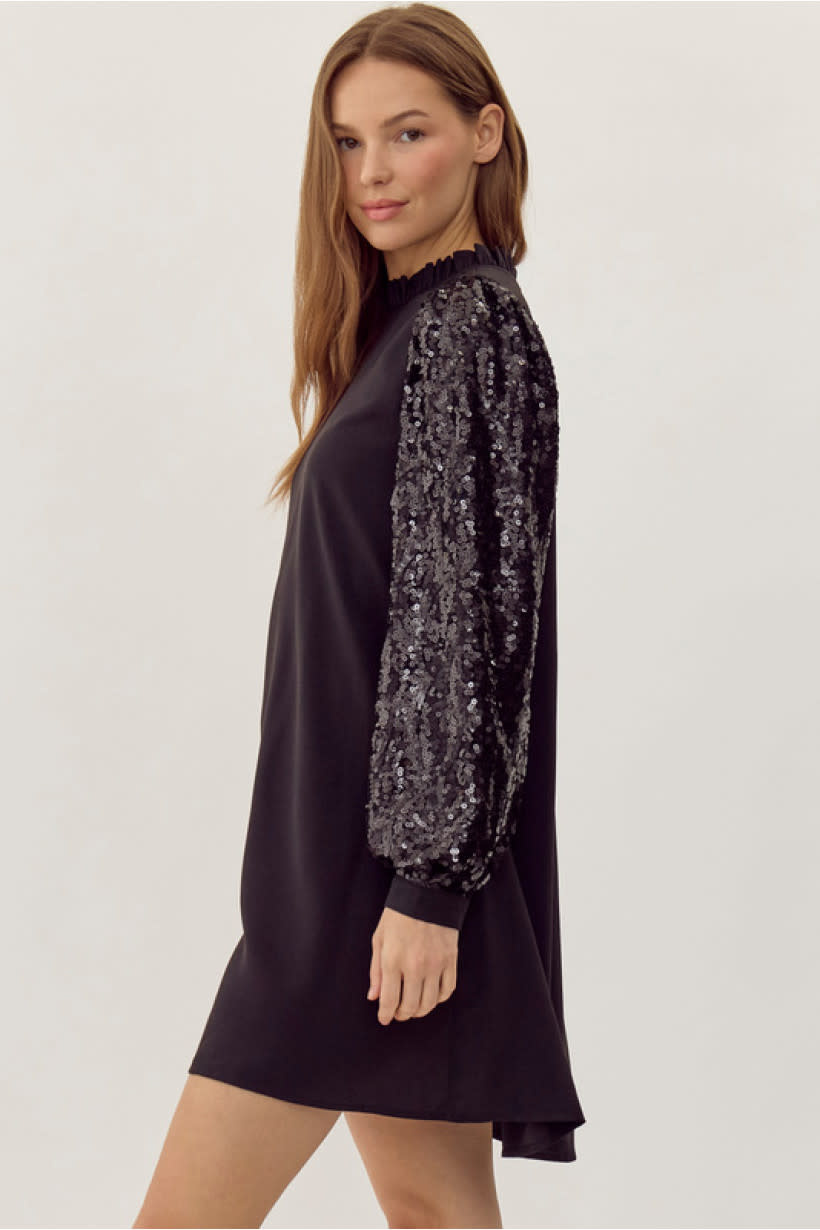 Jodifl Black Frilled Neck Mix-Fabric Dress