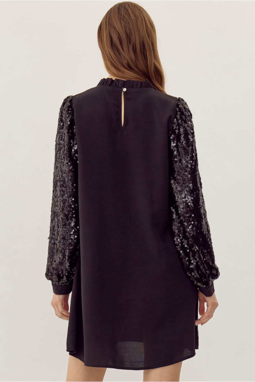 Jodifl Black Frilled Neck Mix-Fabric Dress