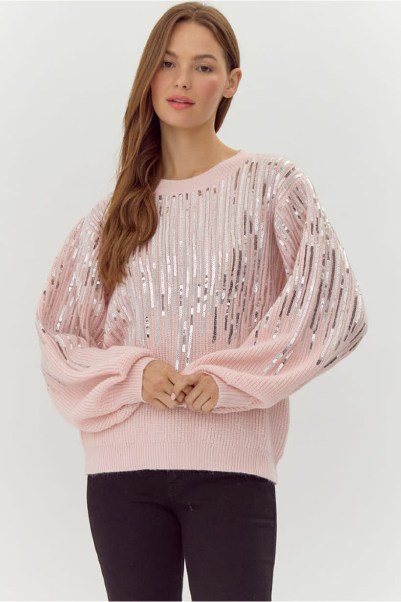 Jodifl Pink Sequins Fringe Throughout Knit Pullover