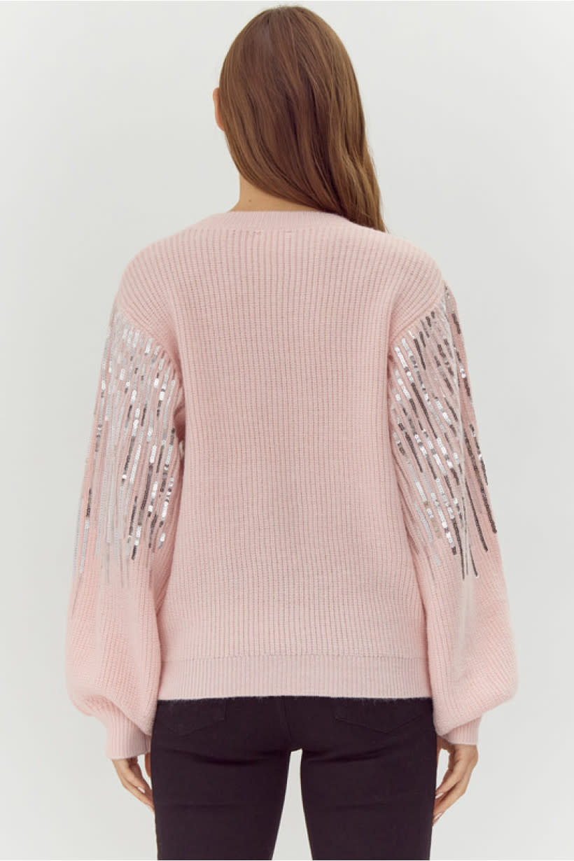 Jodifl Pink Sequins Fringe Throughout Knit Pullover