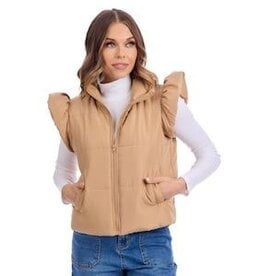 Mudpie TAN LILE RUFFLE QUILTED VEST MEDIUM