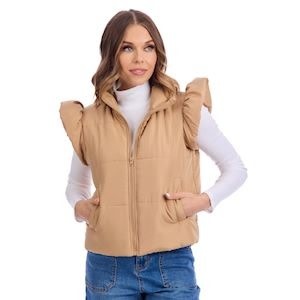Mudpie TAN LILE RUFFLE QUILTED VEST MEDIUM