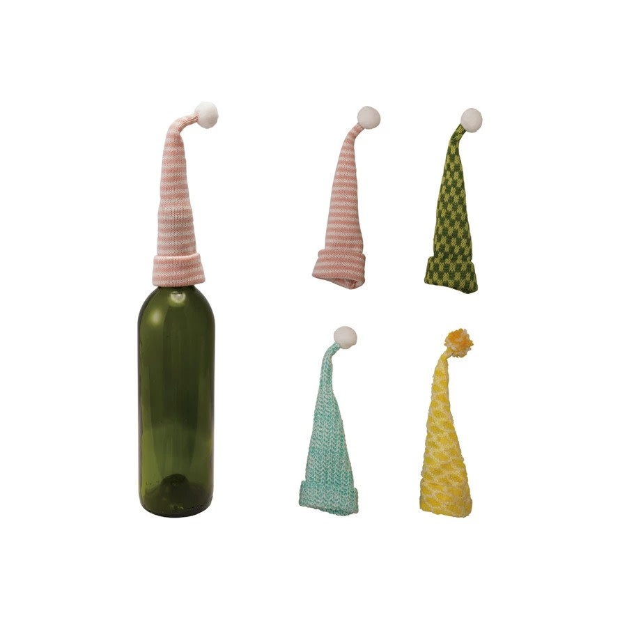 FLEURISH 8"H Knit Fabric & Wire Hat Bottle Topper with Pom Pom, 4 Colors