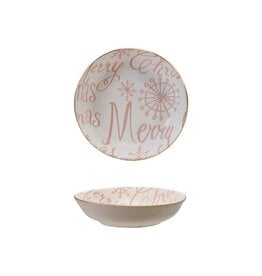 FLEURISH Stoneware Dish with Gold Color Rim "Merry Christmas", Pink & White