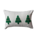 FLEURISH 14"L x 9"H Cotton Slub Lumbar Pillow w/ Embroidered Christmas Trees & Beads