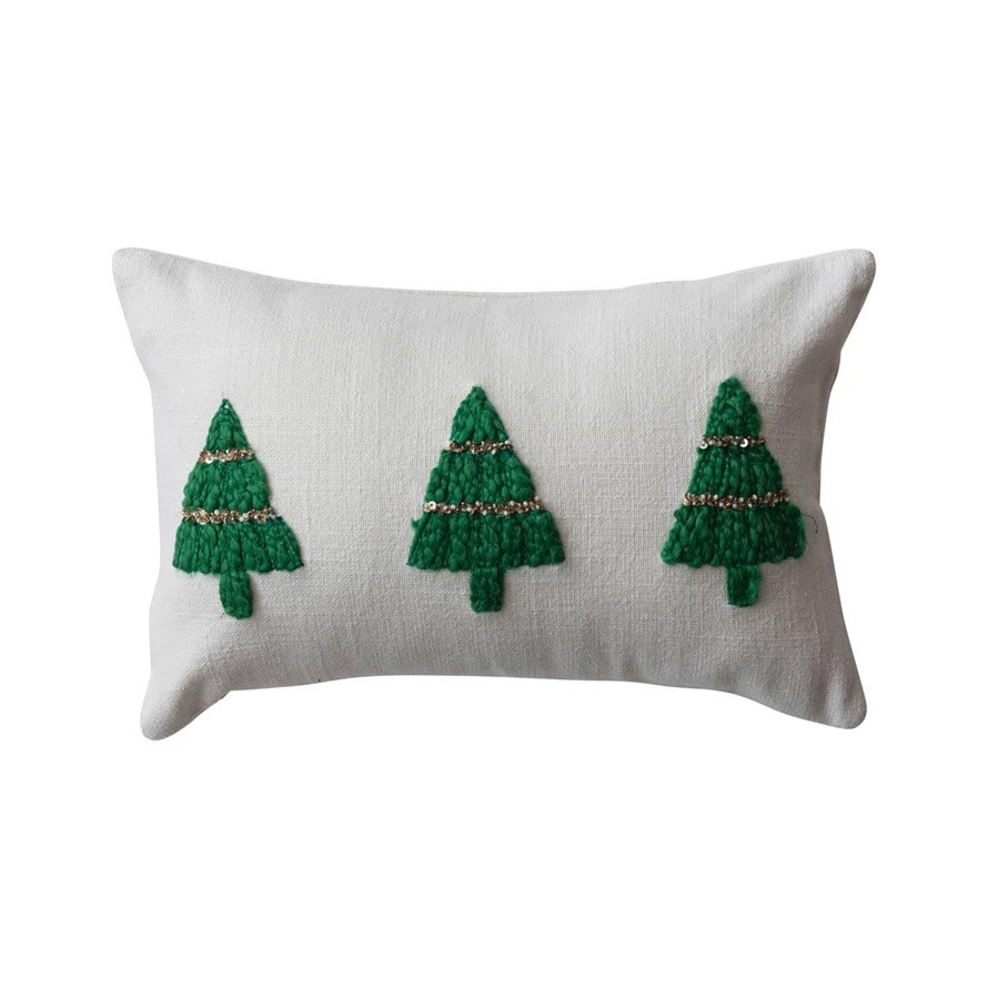FLEURISH 14"L x 9"H Cotton Slub Lumbar Pillow w/ Embroidered Christmas Trees & Beads