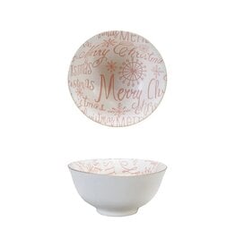 FLEURISH Stoneware Bowl with Gold Color Rim "Merry Christmas", Pink & White