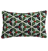 FLEURISH Embroidered Lumbar Pillow with Tufted Holly Leaves, Stars & Pom Poms