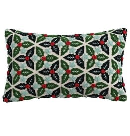 FLEURISH Embroidered Lumbar Pillow with Tufted Holly Leaves, Stars & Pom Poms