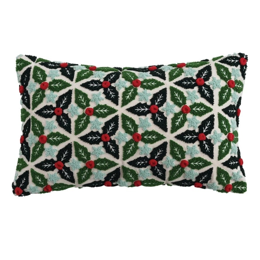 FLEURISH Embroidered Lumbar Pillow with Tufted Holly Leaves, Stars & Pom Poms