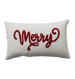 FLEURISH Cotton Slub Lumbar Pillow with Embroidered "Merry", Natural & Red