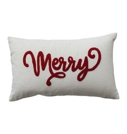 FLEURISH Cotton Slub Lumbar Pillow with Embroidered "Merry", Natural & Red