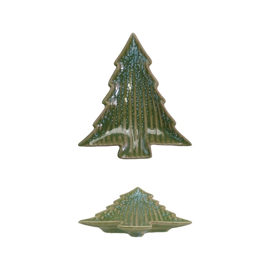 FLEURISH Stoneware Ribbed Tree Shaped Plate, Blue & Green (Each Will Vary)