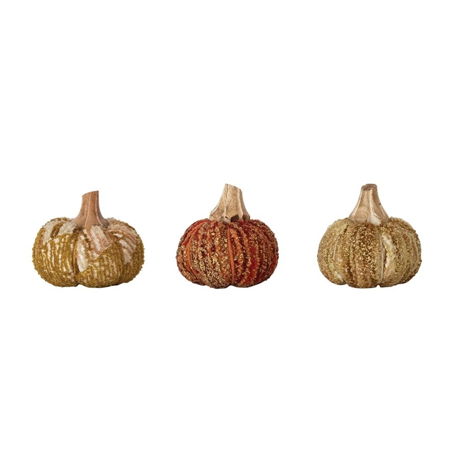 FLEURISH Sm Handmade Cotton, Fabric Chenille & Mango Wood Pumpkin (Choice of 3 Styles)
